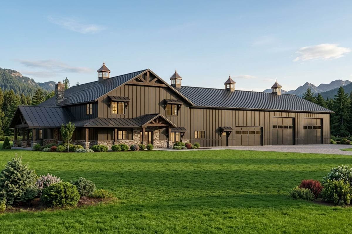 House plan exterior with two stories. Features include a metal roof, cupolas, exposed gable trusses, and a covered porch.