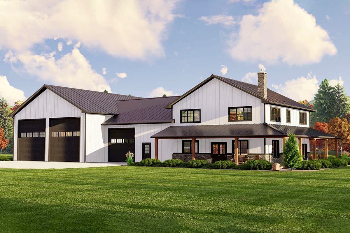 House plan exterior. Two-story Modern Farmhouse with a covered porch, board and batten siding, and a detached garage with two bays.