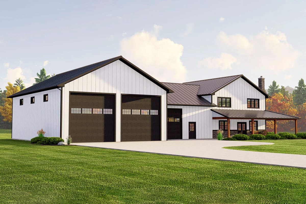 Modern Farmhouse house plan exterior with a side-entry garage and covered front porch.