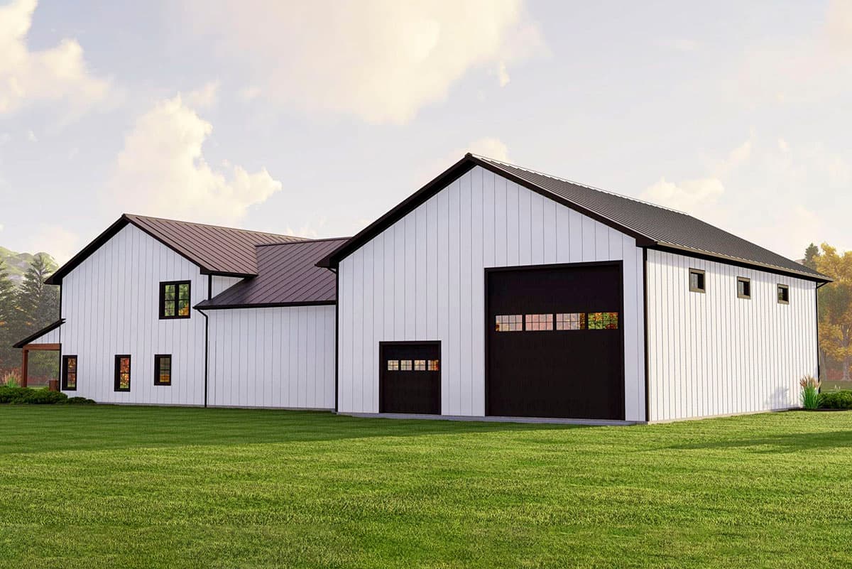 Modern farmhouse exterior with white vertical siding, a dark metal roof, large garage door, and multiple windows.