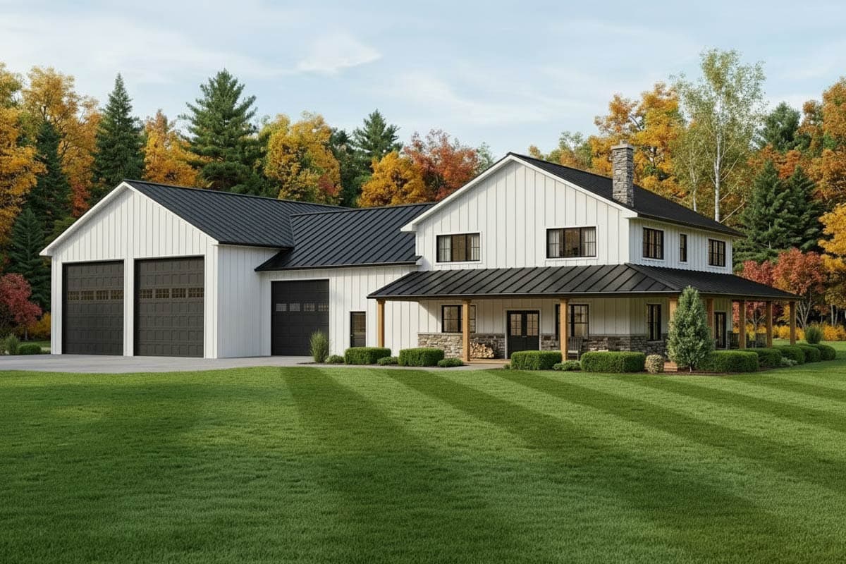 House plan exterior. Two-story Modern Farmhouse with a covered porch, board and batten siding, and a detached garage with two bays.