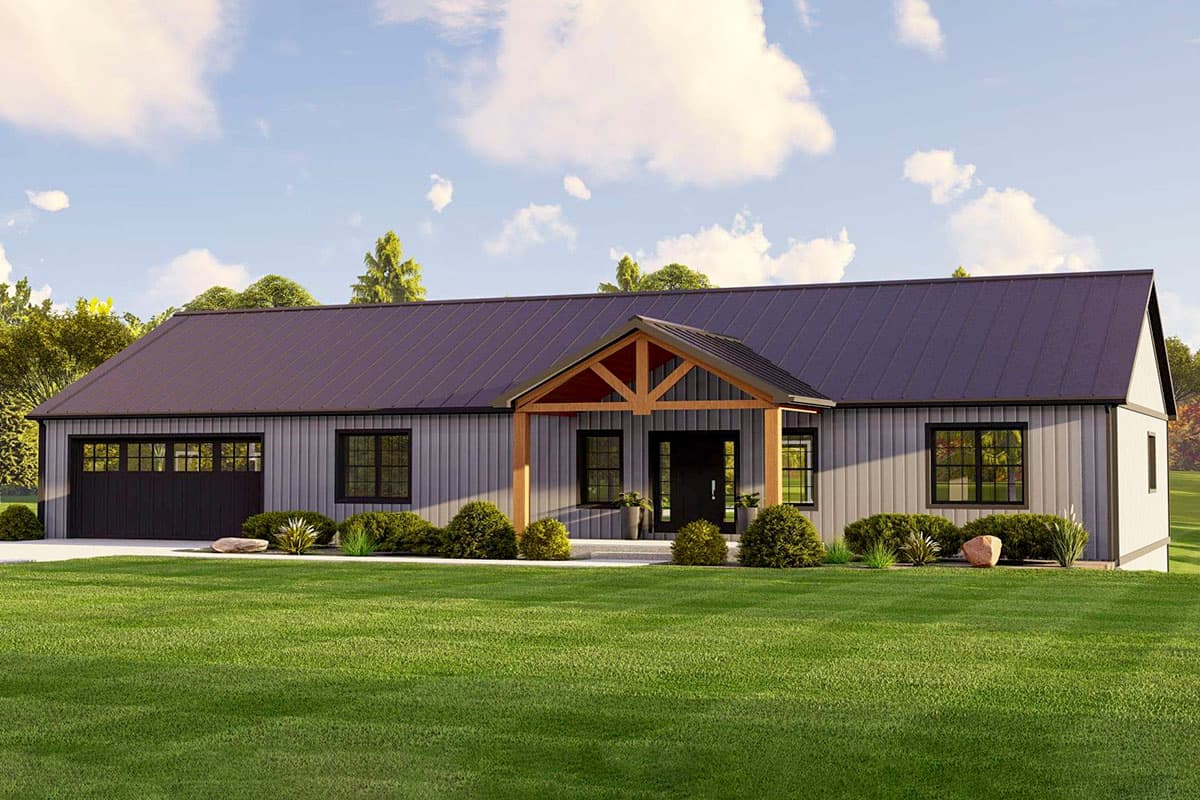 House plan exterior. One-story Modern Farmhouse with a covered porch, gable roof, and attached garage. Board and batten siding.