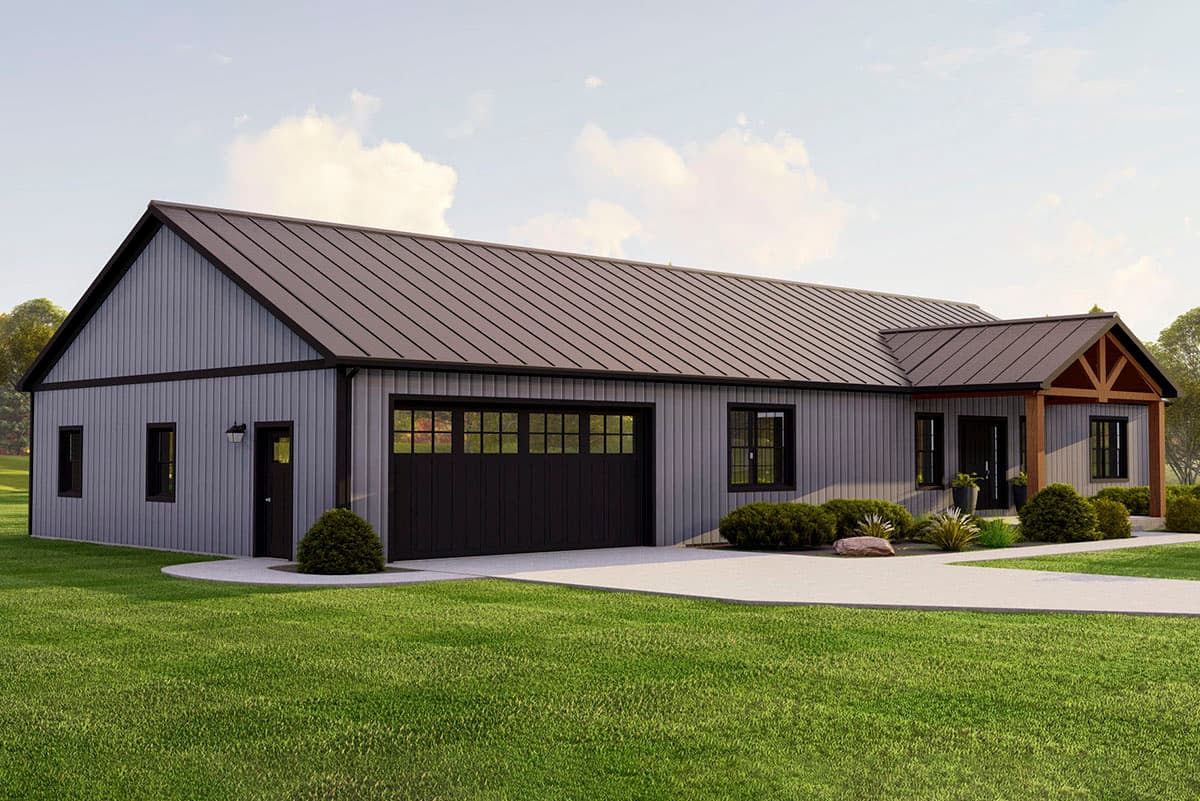 Modern ranch house plan exterior with metal siding, gabled roof, attached garage, and covered porch with timber accents.