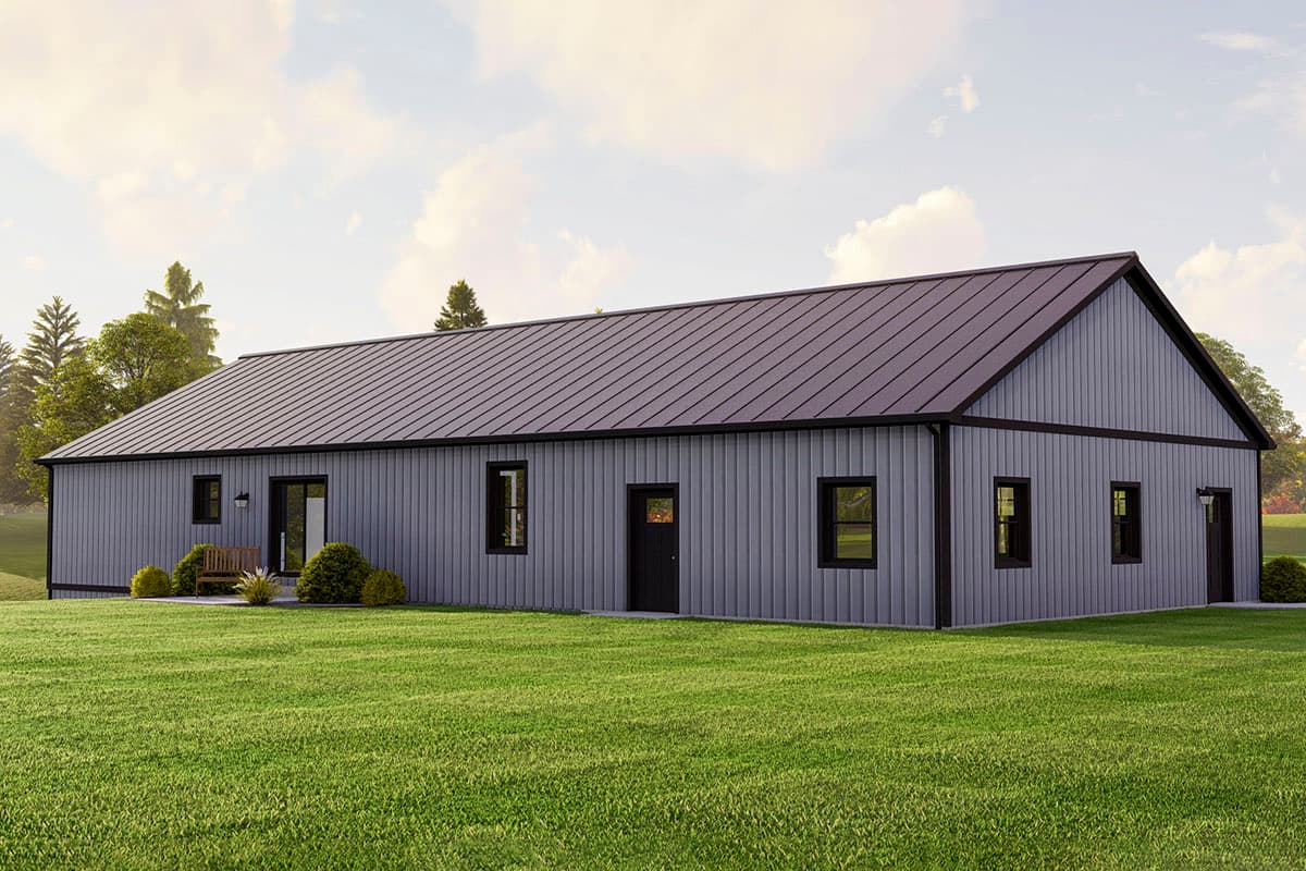 House plan exterior rendering of a single-story Modern Farmhouse with gray vertical siding, dark gables, and a dark metal roof.