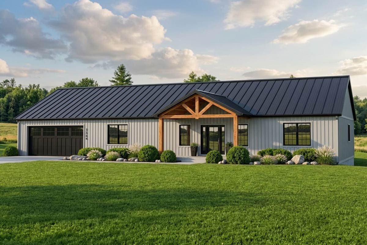 House plan exterior. One-story Modern Farmhouse with a covered porch, gable roof, and attached garage. Board and batten siding.