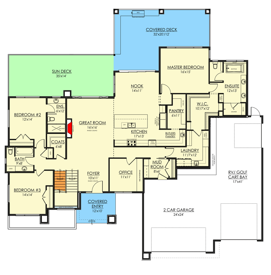 Plan 81722AB: 4-Bed Mid Century Modern House Plan with Rooftop Patio and Two-Story Great Room - 4507 Sq Ft - Floor Plan - Main Level - Contemporary, Mid Century Modern, Modern, Northwest, Prairie, Transitional