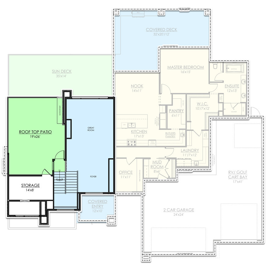 Plan 81722AB: 4-Bed Mid Century Modern House Plan with Rooftop Patio and Two-Story Great Room - 4507 Sq Ft - Floor Plan - Rooftop Deck - Contemporary, Mid Century Modern, Modern, Northwest, Prairie, Transitional