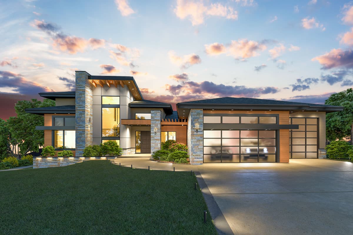 House plan exterior with modern design. Features include flat rooflines, stone facade accents, glass garage doors, and large windows with wooden trim.