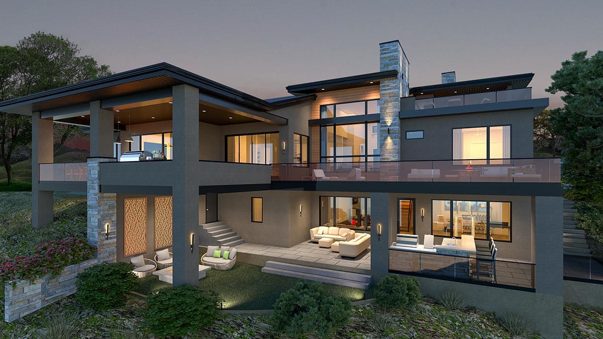 Modern house plan exterior with multiple balconies, cantilevered rooflines, stacked stone chimney, and large windows.