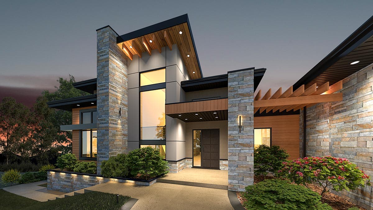 Modern house plan exterior with stone and wood siding, cantilevered rooflines, and large windows.