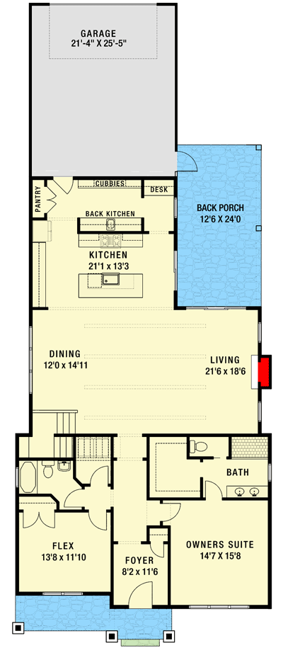 Plan 50217PH: Narrow Modern Farmhouse House Plan with 2-Story Living Space and Loft - Floor Plan - Main Level - Cottage, Country, Craftsman, New American, Traditional