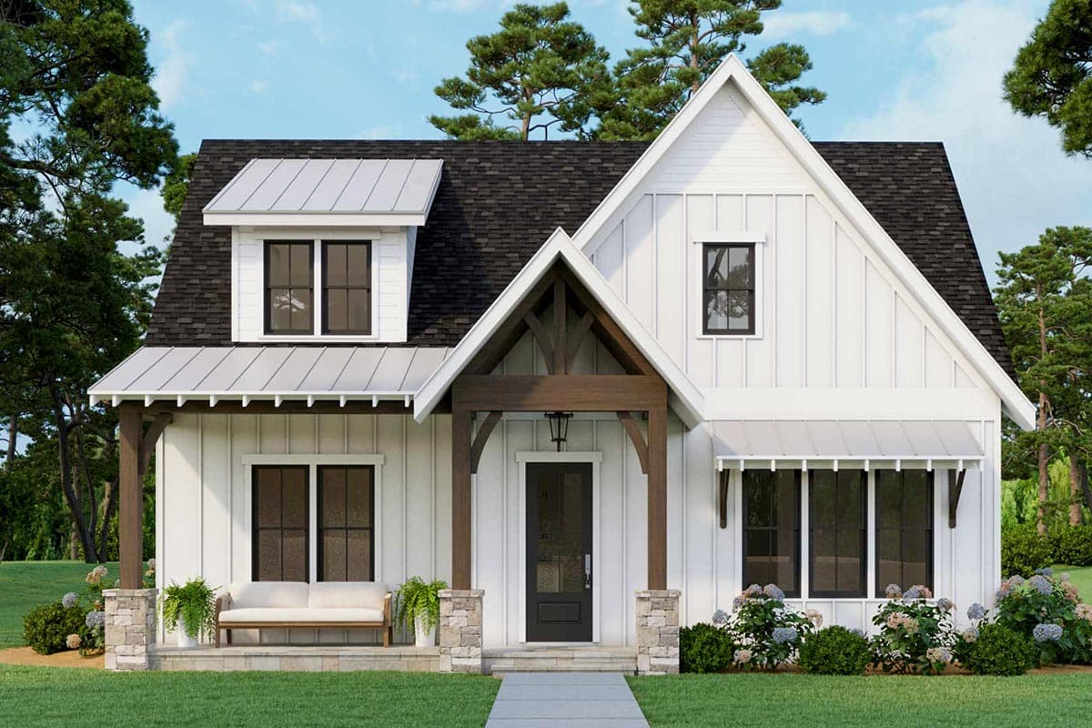 Modern Farmhouse house plan exterior with a gabled roof, dormers, and a covered porch. Features include board and batten siding.