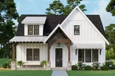 Narrow Modern Farmhouse House Plan with 2-Story Living Space and Loft
