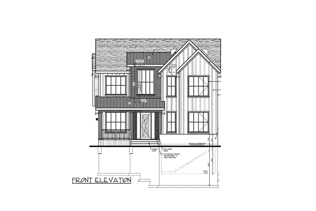 Front elevation drawing of a two-story house plan with gables, diverse window sizes, and a mix of siding and brick.