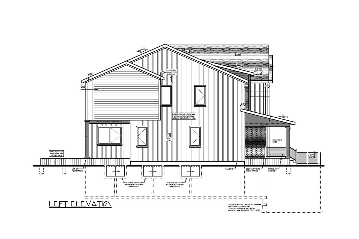 Left elevation house plan showing siding, multiple gables, covered porch with brick, and window wells.