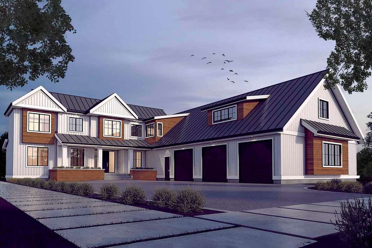 Modern Farmhouse style house plan exterior with a large garage, multiple gables, and board-and-batten siding.