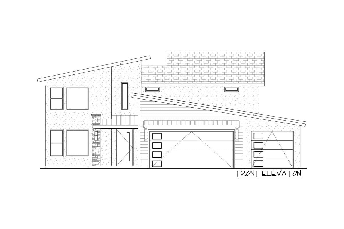 Front elevation drawing of a two-story modern house with a detached garage, asymmetrical rooflines, and large windows.