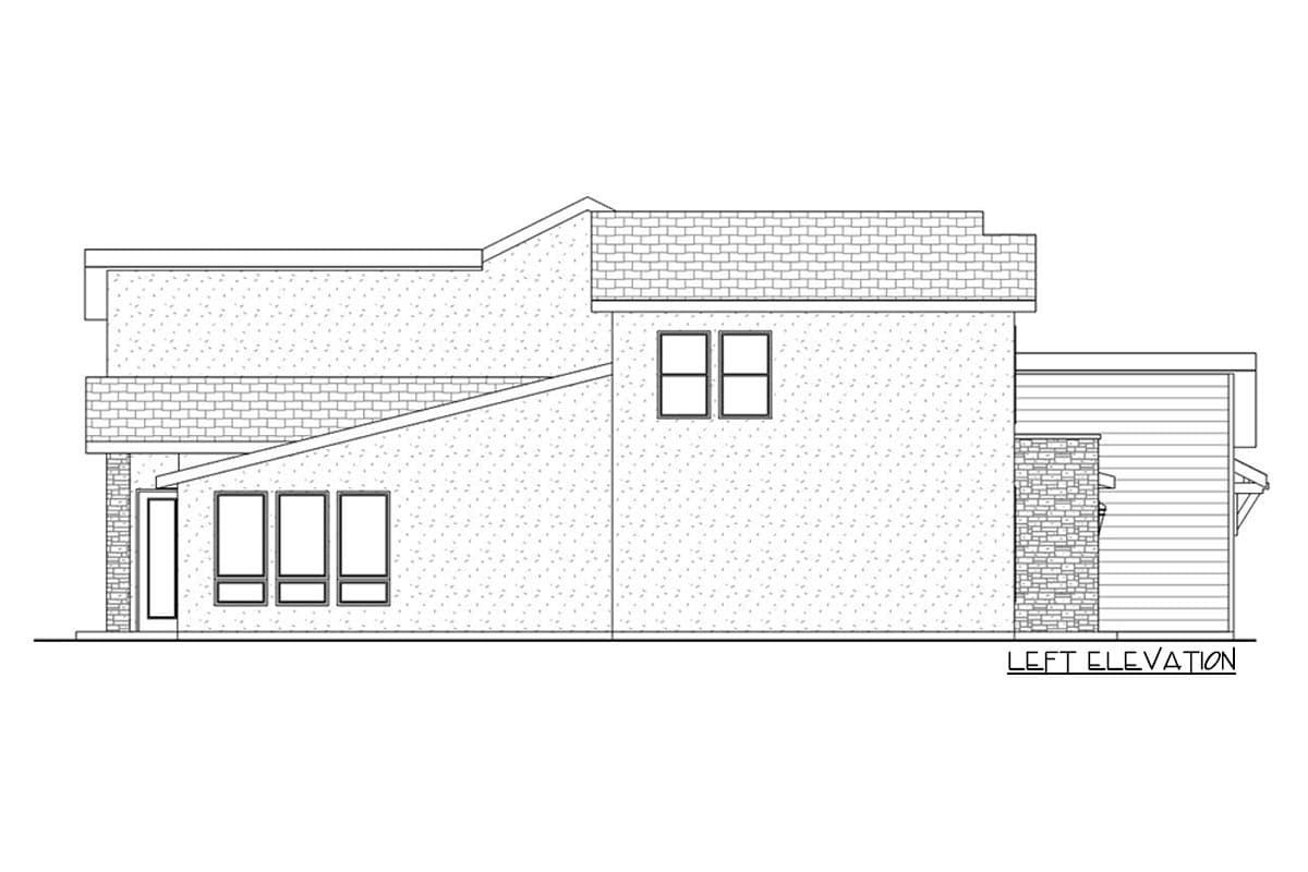 Left elevation drawing of a multi-story house plan with varied rooflines, brick and stone accents, and multiple windows.