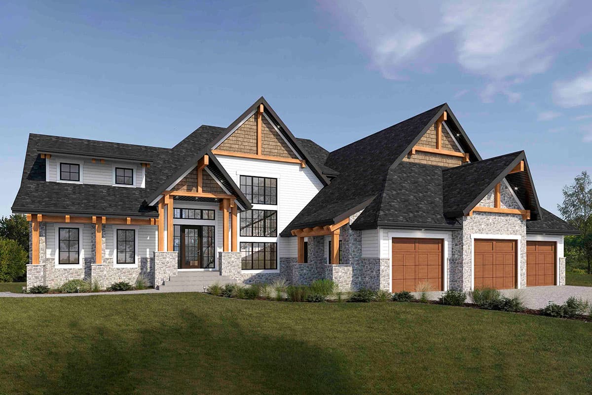 House plan exterior. Craftsman style with two stories, gabled rooflines, stone accents, and covered porch entry. Three-car garage on the right.
