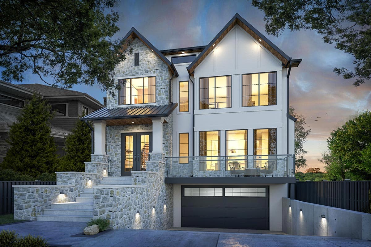House plan exterior: Modern style, two stories, stone facade, gables, balcony, and two-car garage.