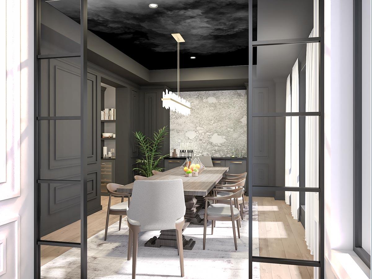 Interior rendering of a dining room with a large wooden table, chairs, chandelier, built-in cabinetry, and a textured accent wall.