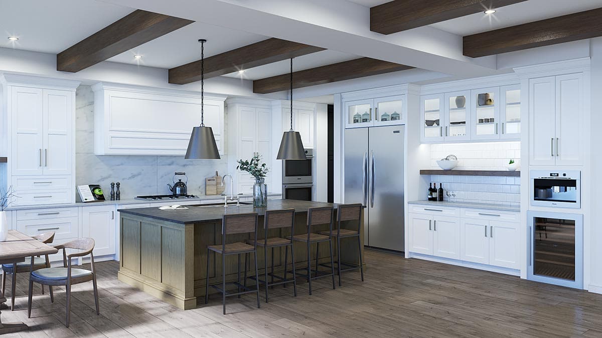 Kitchen with island, pendant lights, built-in appliances, and exposed wood beams on ceiling.