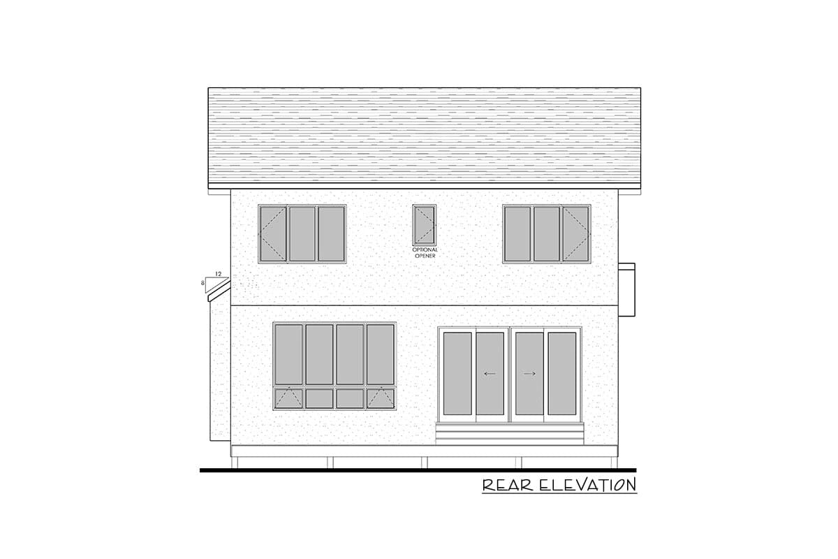 Rear elevation drawing of a two-story house plan showing a pitched roof, various window configurations, and glass doors.