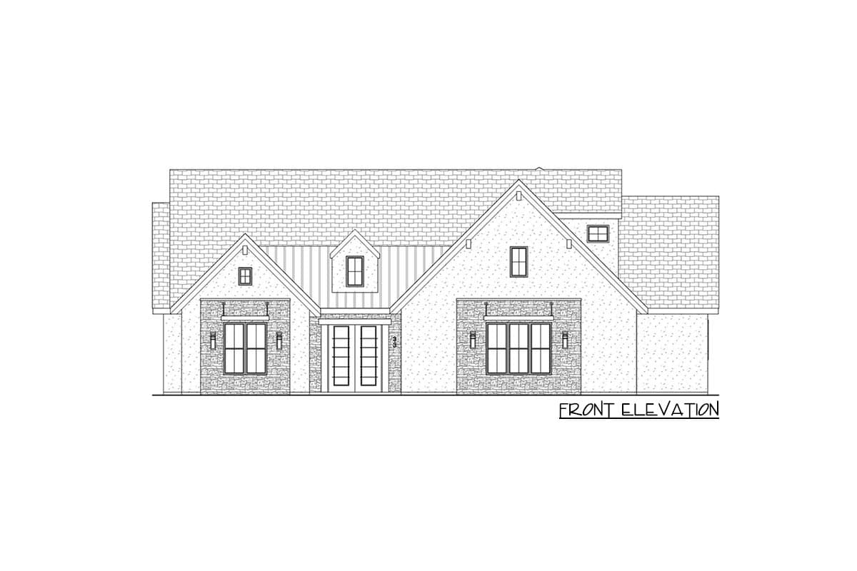 Front elevation drawing of a two-story house plan with stone accents, multiple gables, dormers, and a central double door entrance.