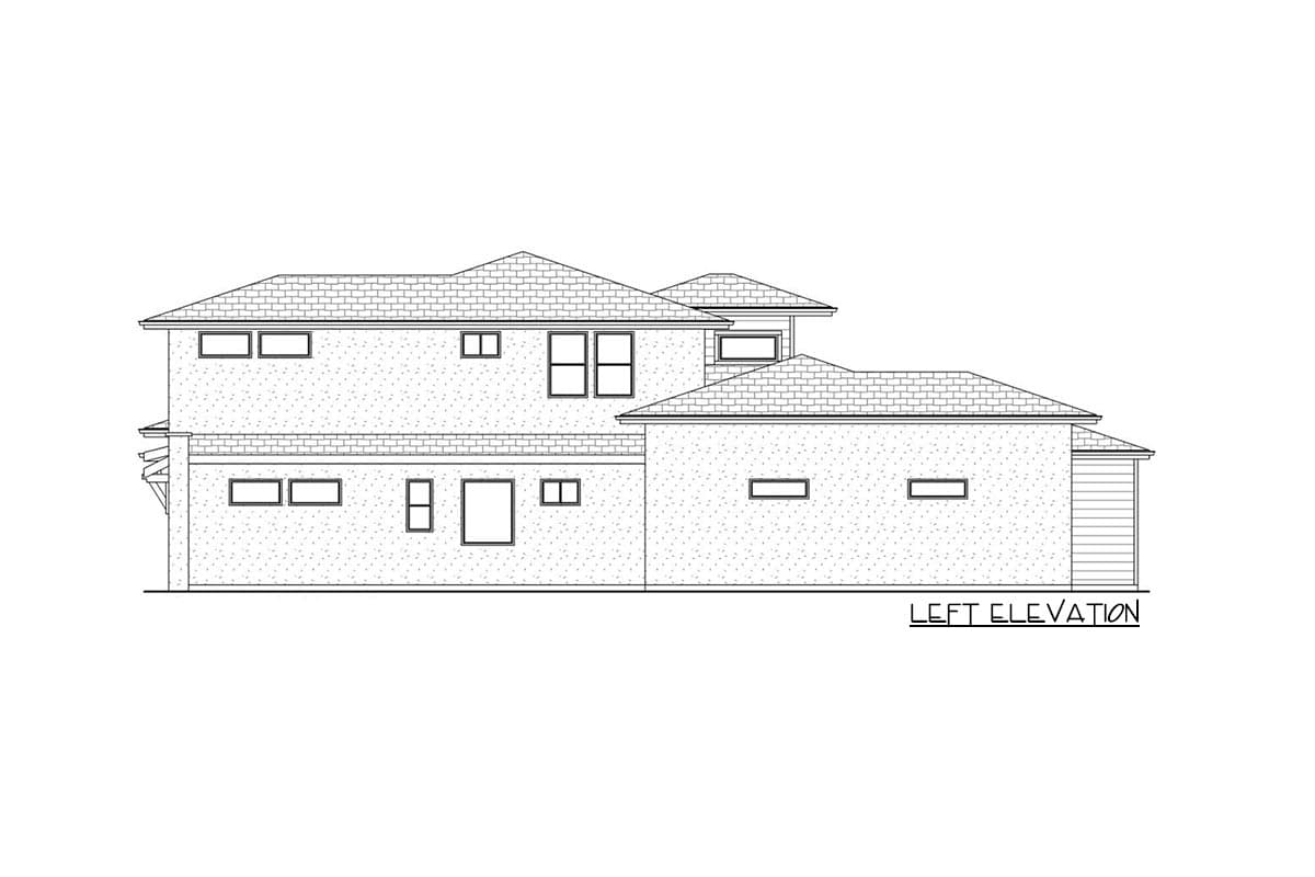 Left elevation drawing of a two-story house plan with multiple gabled rooflines and varied window placement.