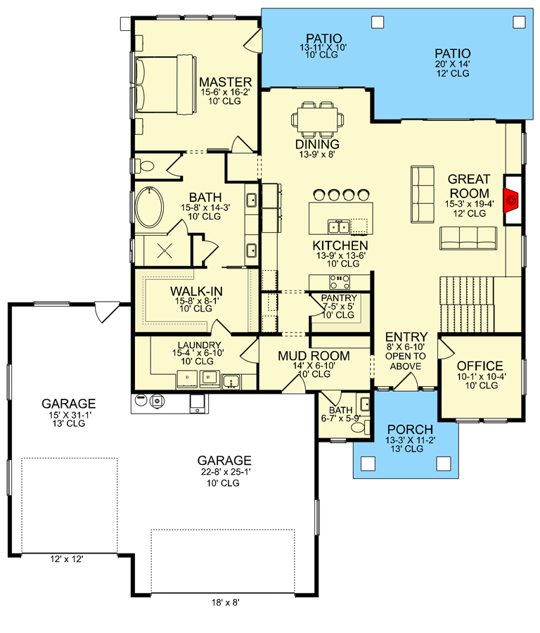 Plan 580027DFT: 3164 Square Foot Modern Prairie-style House Plan with 3 Bedrooms - Floor Plan - Main Level - Contemporary, Modern, Northwest, Prairie