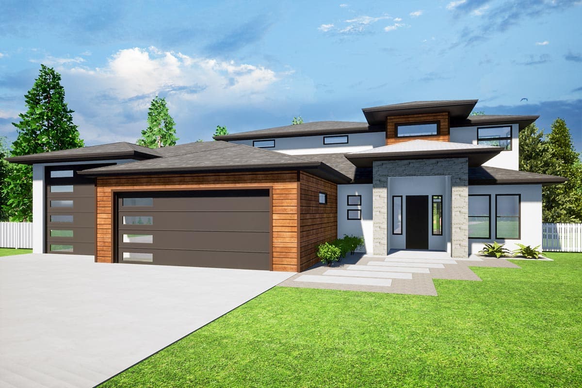House plan exterior. Modern style, one story, with a flat roof, wood garage doors, and a stone-clad entry.