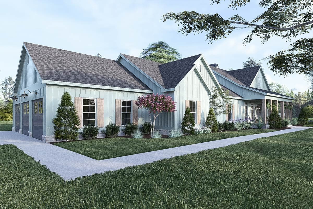 House plan exterior, Modern Farmhouse style, one story, with a three-car garage, board and batten siding, and a covered front porch.