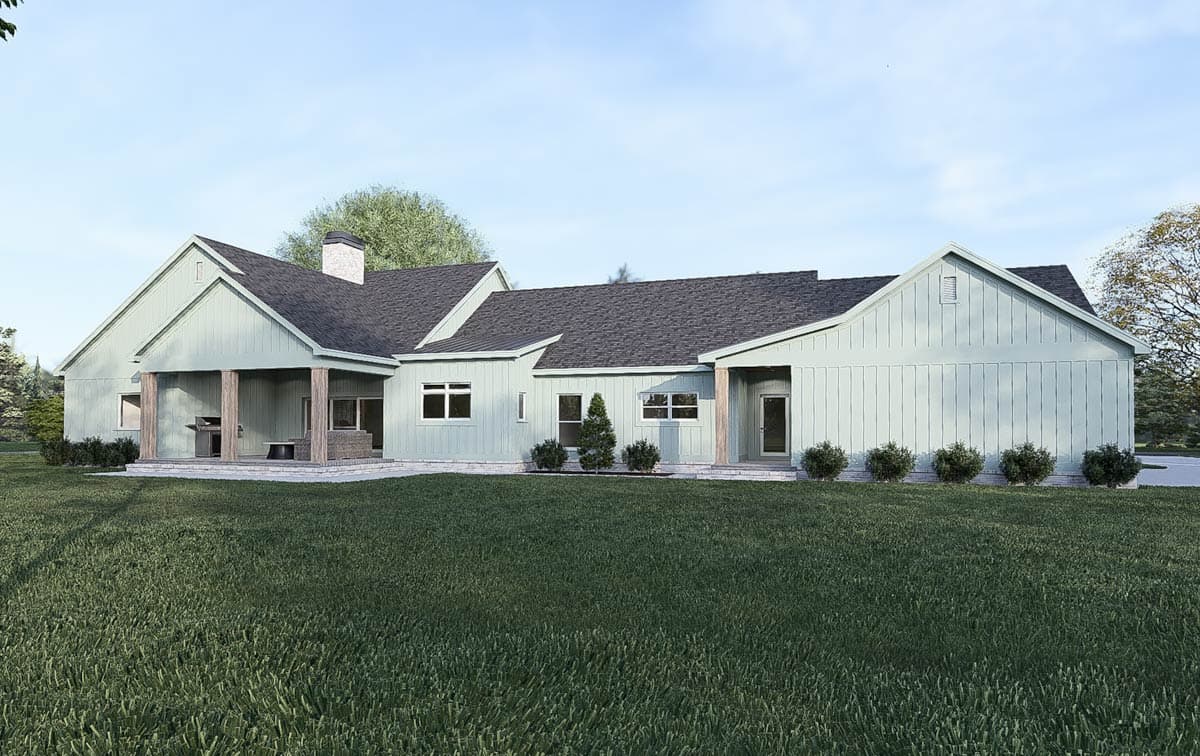 House plan exterior of a one-story Modern Farmhouse with a covered porch, gable dormer, and prominent chimney.