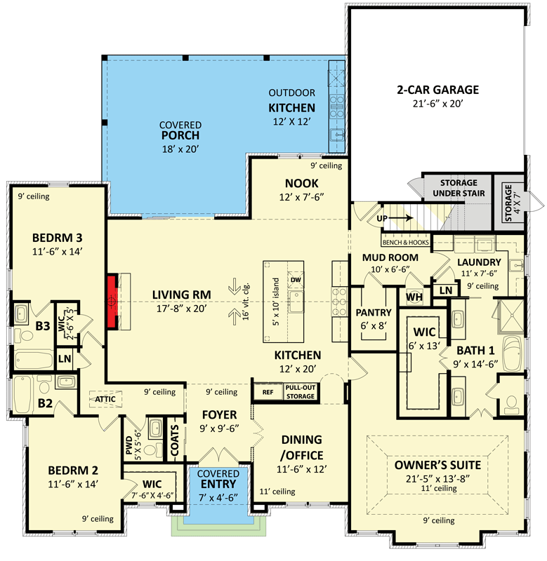 Plan 12103JL: Modern Farmhouse Plan Under 2500 Square Feet With Optional Bonus Room - Floor Plan - Main Level - French Country, Modern Farmhouse, New American, Traditional, Transitional