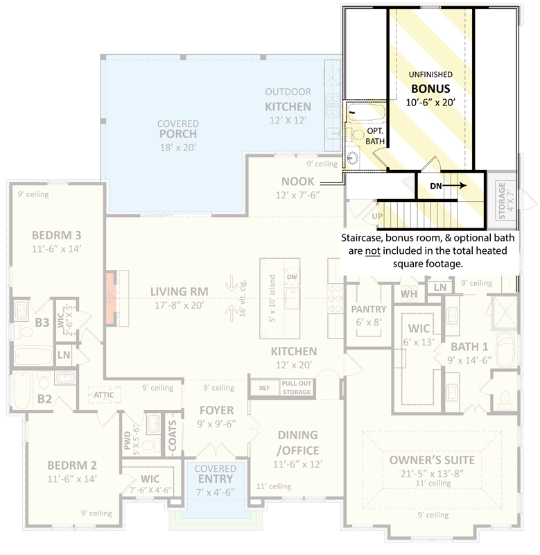 Plan 12103JL: Modern Farmhouse Plan Under 2500 Square Feet With Optional Bonus Room - Floor Plan - Optionally Finished Bonus Room - French Country, Modern Farmhouse, New American, Traditional, Transitional