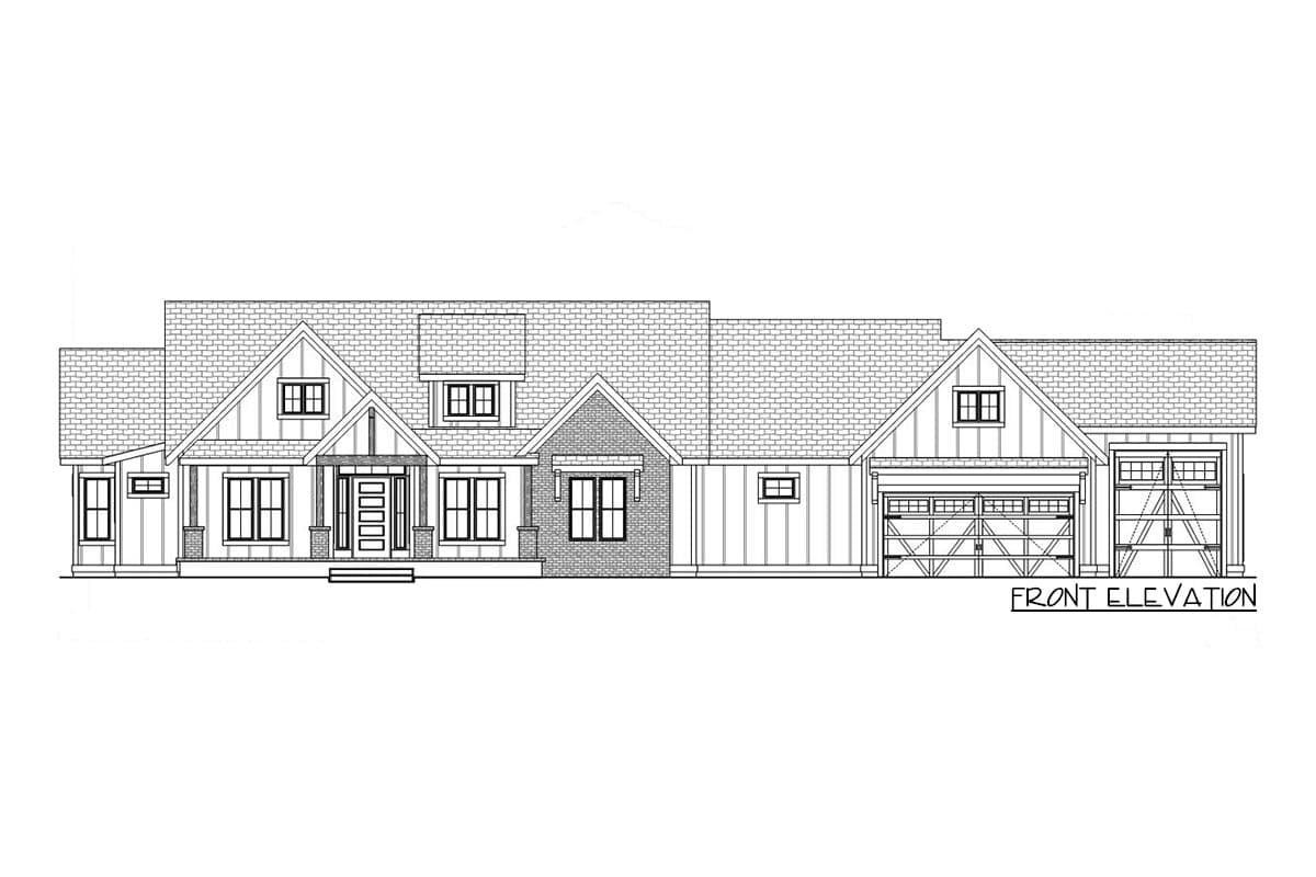 Front elevation of a two-story house plan with gables, dormers, covered porch, and a three-car garage.