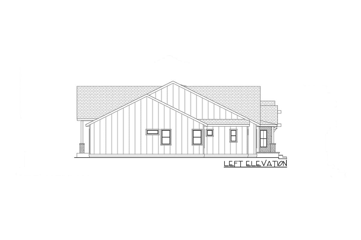 Left elevation drawing of a one-story house plan with a gable roof, vertical siding, and a covered porch.