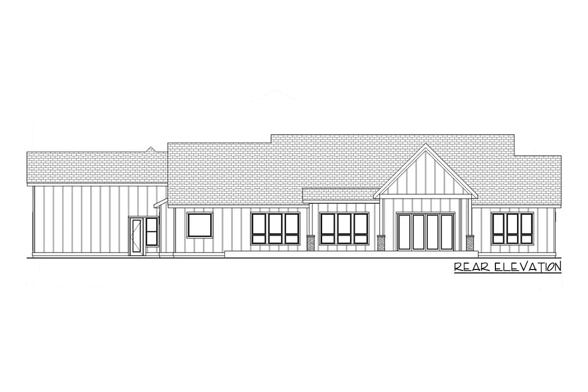 Rear elevation house plan drawing with vertical siding, gabled roof section, and multiple window arrangements.