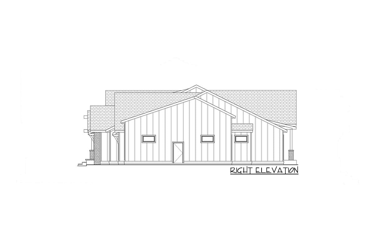 Right elevation drawing of a house plan with vertical siding, gables, brick accents, and a covered porch.