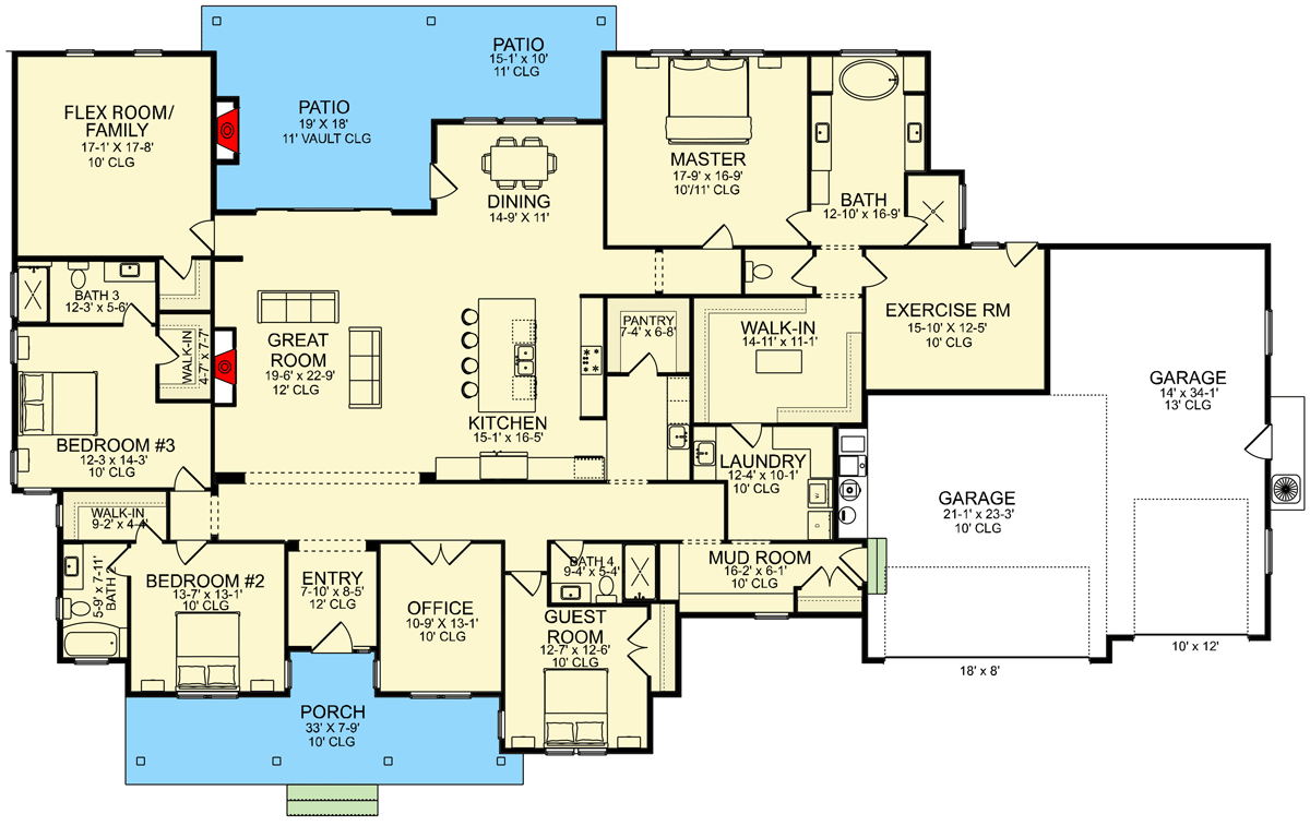 Plan 580028DFT: 4100 Sq Ft Single-Story Country Ranch House Plan with 4 Bedrooms - Floor Plan - Main Level - Country, Craftsman, Modern Farmhouse, New American, Ranch, Traditional
