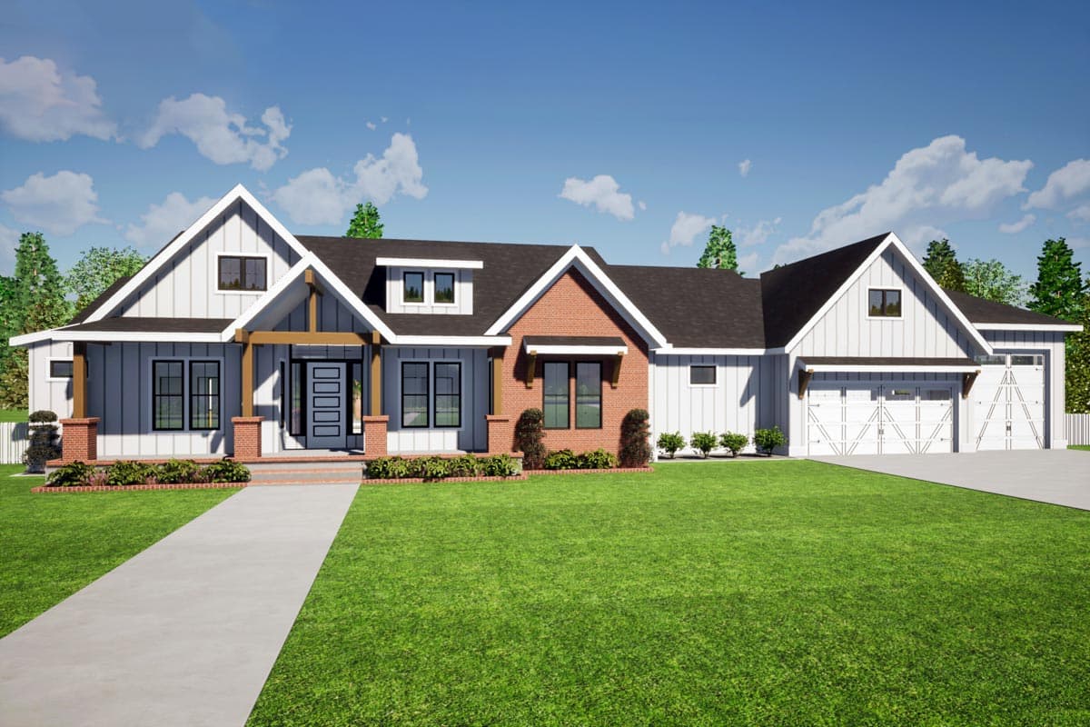 House plan exterior. Modern farmhouse style with gabled roof, covered porch with exposed beams, and attached garage. One story home.