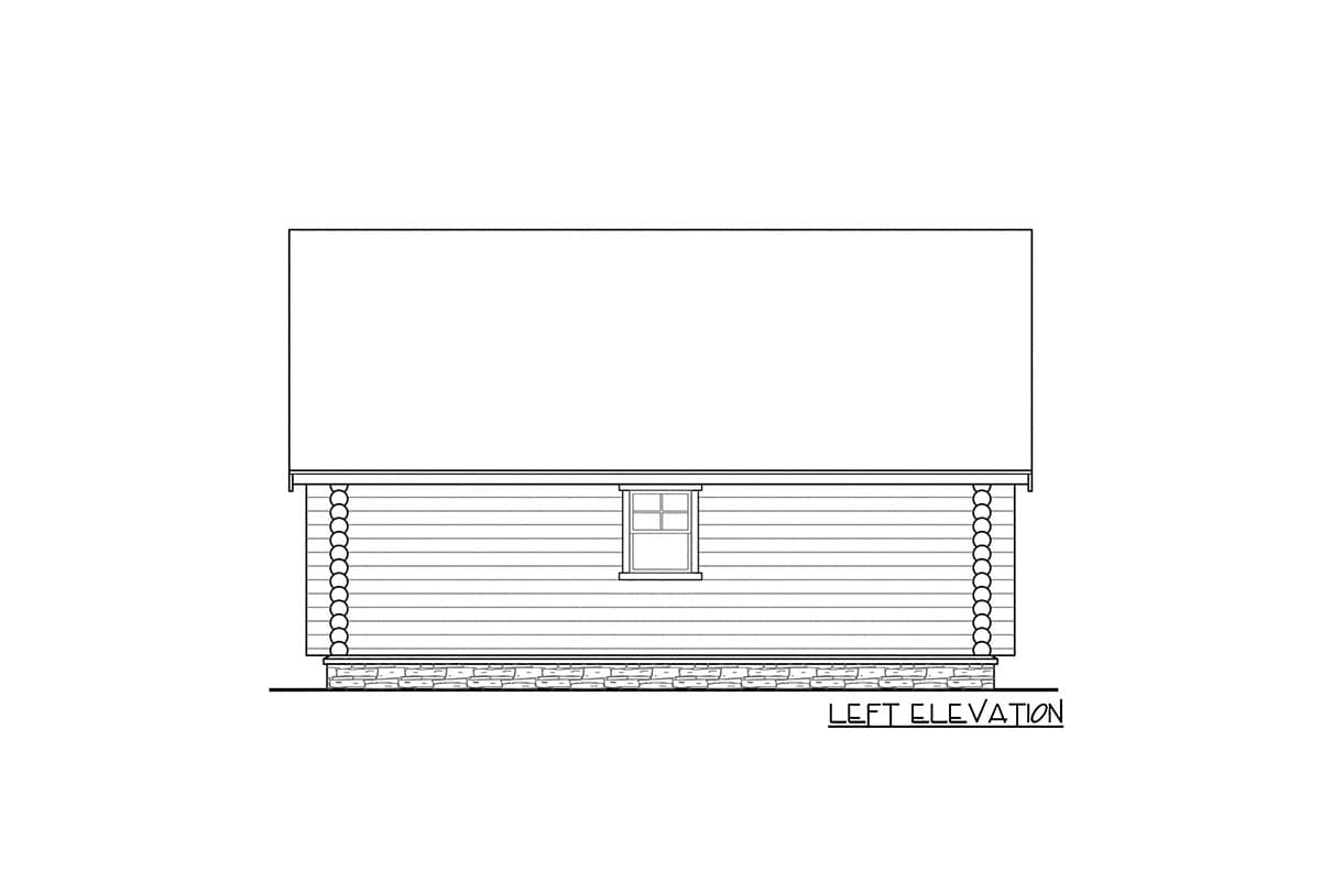 Left elevation drawing of a log house with one window and stone foundation.