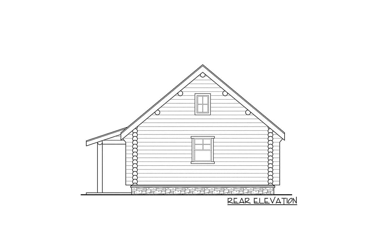 Rear elevation drawing of a log house with a gable roof, dormer window, and covered porch.
