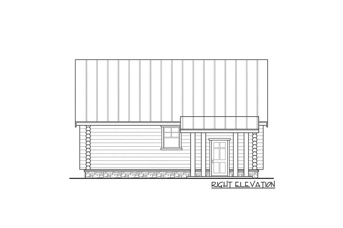 Log cabin house plan right elevation: main level features covered porch with door and window.
