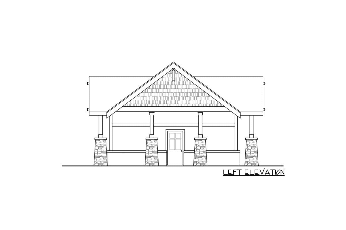 Left elevation house plan exterior with a covered porch supported by stone-clad columns and a gabled roof.