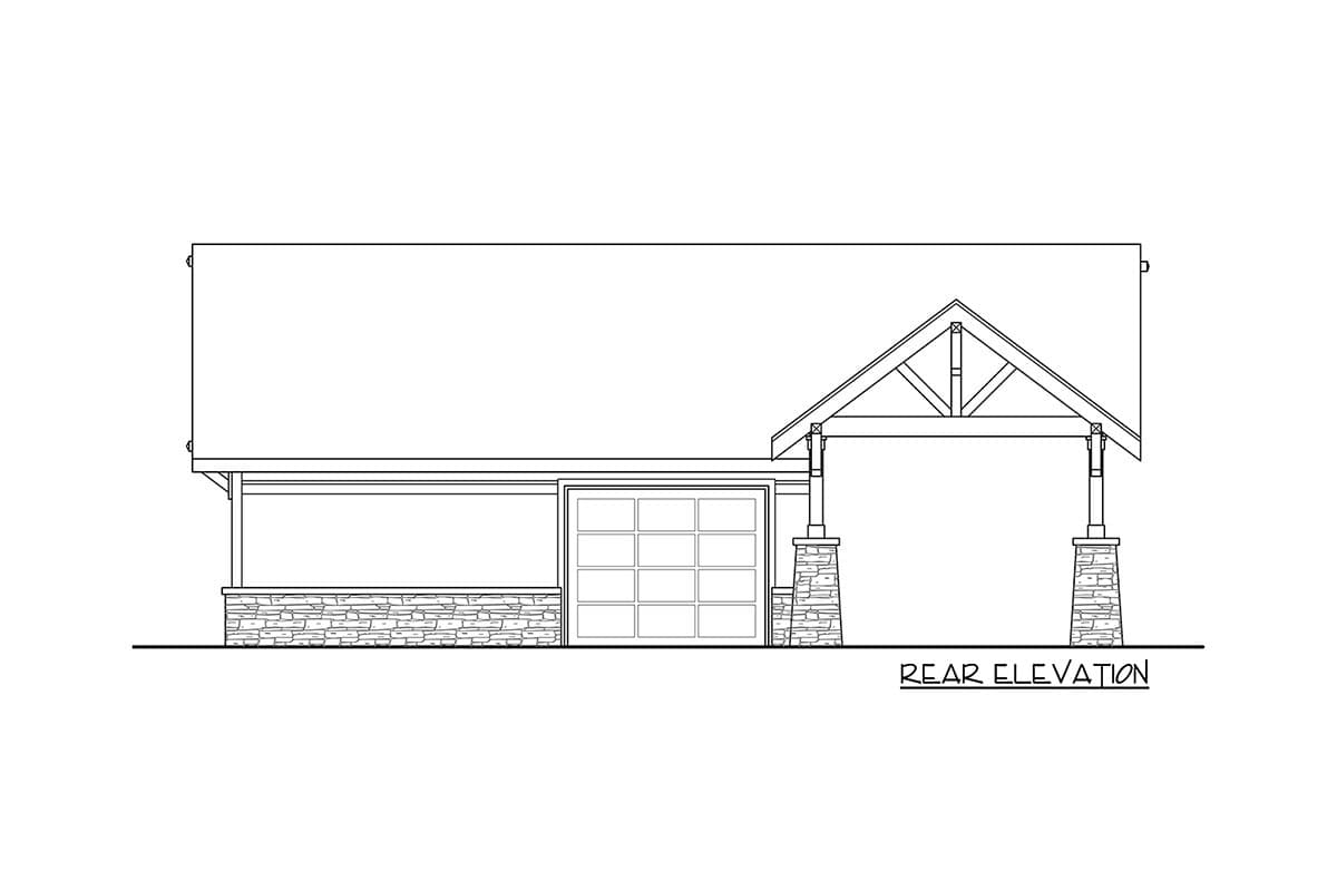 Rear elevation drawing of house plan with garage, stone skirting, and covered porch with timber framing.
