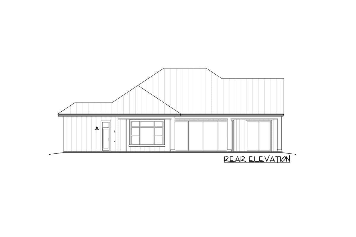 Rear elevation drawing of a single-story house plan with a gable roof, a central window bay, and multiple sliding glass doors.