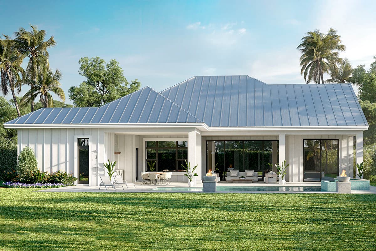 Modern house plan exterior with board and batten siding, standing seam metal roof, and covered outdoor living spaces.