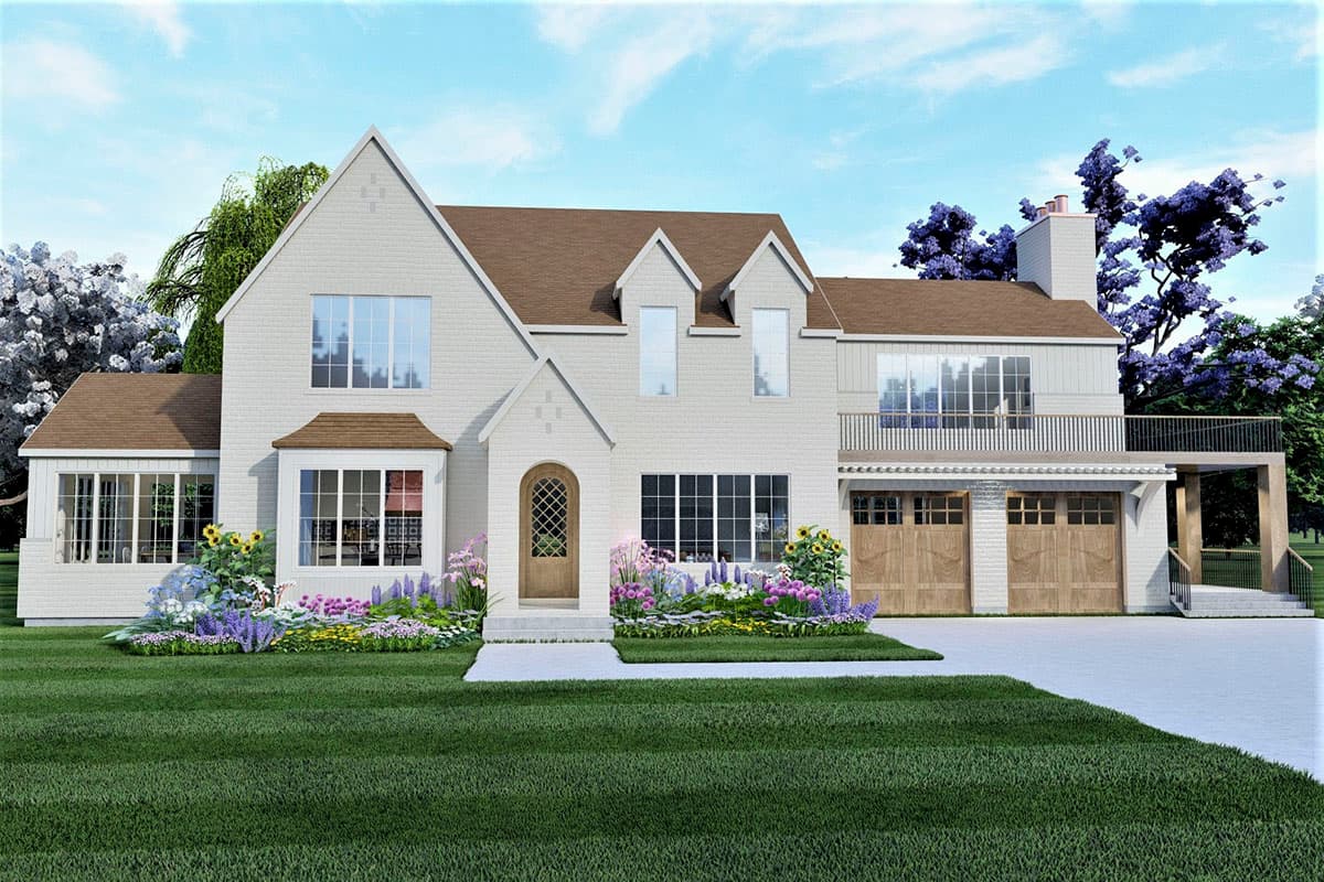 House plan exterior: two-story brick home with prominent gables, bay window, arched entry, and attached two-car garage.
