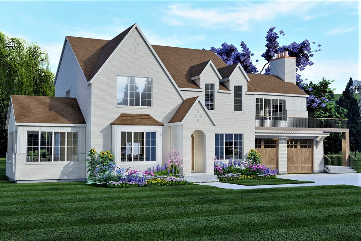 House plan exterior: two-story, white brick, prominent gables, arched entryway, bay window, second-level balcony, and attached two-car garage.
